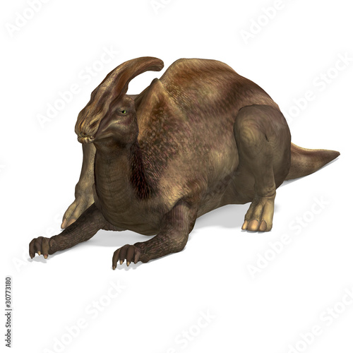 Illustration: Dinosaur Parasaurolophus. 3D rendering with clipping path and Dinosaur Parasaurolophus. 3D rendering with clipping path and