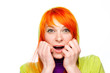 Surprised red hair woman with open hands and mouth