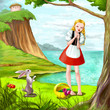 Pretty girl with rabbit near the river