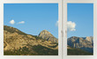View to mountains through the window in early morning View to mountains through the window in early morning