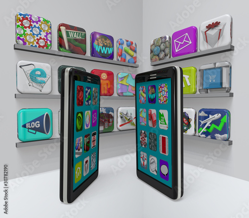 Illustration: Smart Phones in App Store - Buying Applications Smart Phones in App Store - Buying Applications