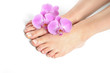Beautiful feet with perfect spa french nail pedicure.isolated