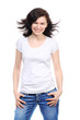 Beautiful brunette girl in jeans and white t-shirt is smile