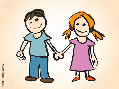 cartoon girl and boy holding hands. cartoon boy and girl -