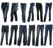 Collection of various types of blue jeans trousers