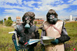 Nuclear protection crew in old protective suits and gas mask