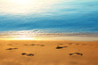 footprints on sand along sea at dawn footprints on sand along sea at dawn