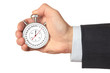 Man's hand holding stopwatch.