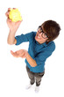 Photo : Young man holding piggy bank Young man holding piggy bank