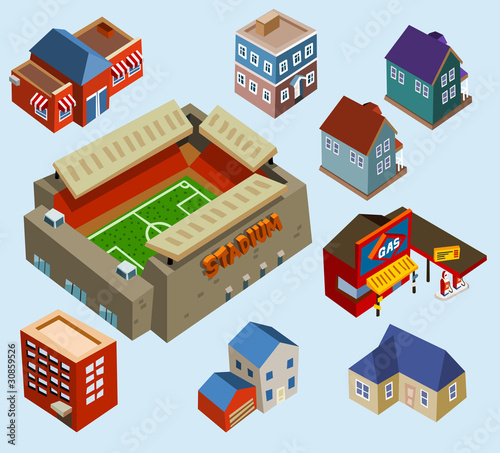 Vector: Buildings and Soccer Stadium in a city Buildings and Soccer Stadium in a city