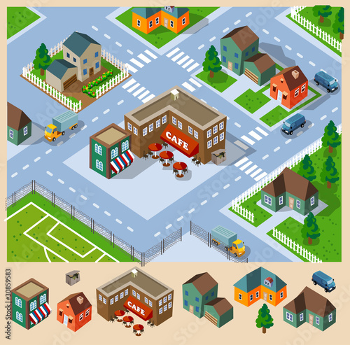 Vector: Cafe and Neighborhood Isometric Cafe and Neighborhood Isometric