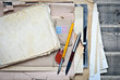 old  papers with notebook and pens. closeup