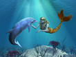 Illustration: Mermaid with Dolphin Undersea Mermaid with Dolphin Undersea