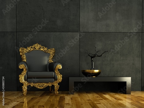Illustration: 3d Rendering goldener Barocksessel vor Betonwand 3d Rendering goldener Barocksessel vor Betonwand
