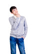 he young guy on a white background  smiles and dreams