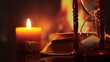 hourglass with an open book. slider shot.