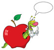 Happy Cartoon Worm In Apple With Speech Bubble