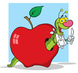 Happy Cartoon Worm In Apple With Background