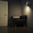 Dark interior with door and sofa and light from electric lamp Dark interior with door and sofa and light from electric lamp