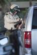 Patrol officer stands at window of luxury car