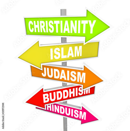 Photo: Five Major World Religions on Arrow Signs Five Major World Religions on Arrow Signs