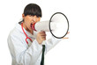 Nervous doctor woman shout megaphone