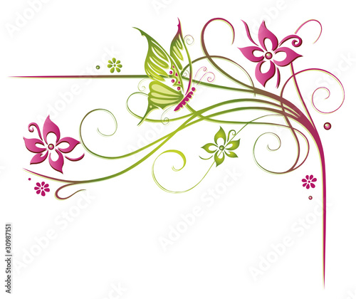 Vektor: Ranke, Frühling, flora, Blumen, Blüten, filigran, grün, pink Ranke, Frühling, flora, Blumen, Blüten, filigran, grün, pink