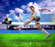 Happiness football player after goal on the field of stadium und