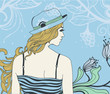 vector portrait of a  girl with long hair in a sailor suit