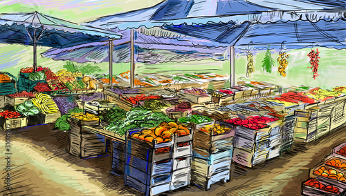 Illustration: Fruits and vegetables street stall. Illustration Fruits and vegetables street stall. Illustration