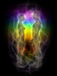 Woman and man silhouette with aura, chakras, energy - profile