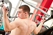 Muscular boy trains in fitness club. Back view. Muscular boy trains in fitness club. Back view.