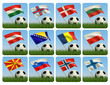 Soccer ball in the grass and the flag against the blue sky.