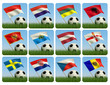 Soccer ball in the grass and the flag against the blue sky. Soccer ball in the grass and the flag against the blue sky.
