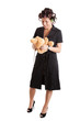 housewife with kitchen knife and plaything