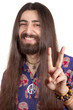 Friendly hippie with long hair making peace sign Friendly hippie with long hair making peace sign