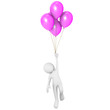 Man flying attached to purple balloons Man flying attached to purple balloons