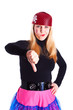 A girl dressed as a pirate with a thumb down A girl dressed as a pirate with a thumb down