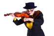 A girl dressed as an elderly old lady playing the violin
