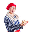 girl dressed as a pirate with a seashell