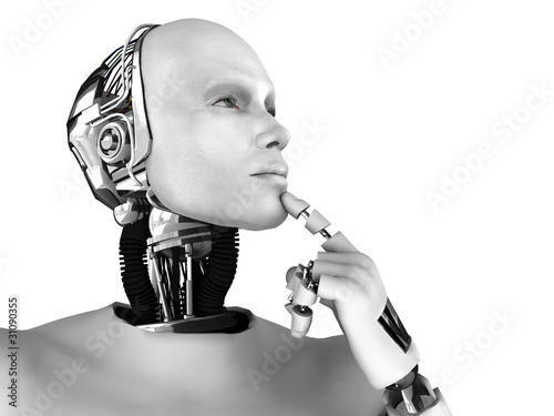 Illustration: Male robot thinking about something. Male robot thinking about something.