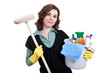 Putzfrau mit Eimer und Schrubber