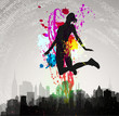 Girl jumping over city.