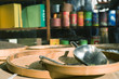 Close-up on scoop and trays in tea shop