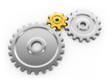 Three gears working together. Golden gear is a key link.