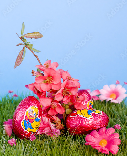 Photo: oeufs de pâques roses sur pelouse oeufs de pâques roses sur pelouse