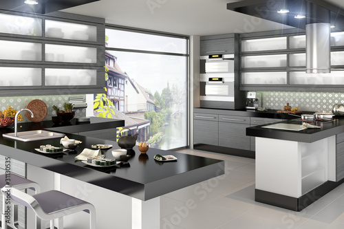 Illustration: Kitchen accented in black Kitchen accented in black