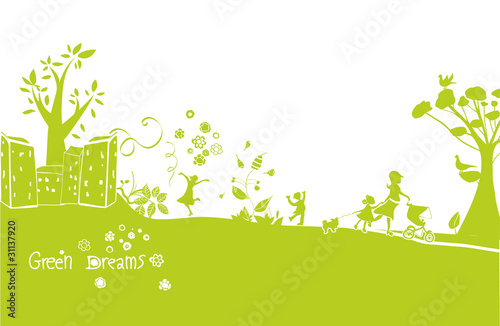 Vector: green dreams, a happy green landscape background green dreams, a happy green landscape background