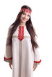 Young girl in dance pose and smile - flax cloth