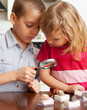 Children are considering a magnifying glass collection of stones Children are considering a magnifying glass collection of stones